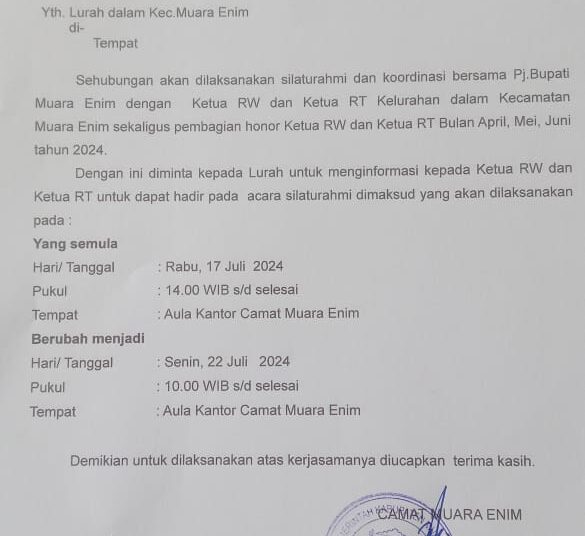 Anggaran PAD Kabupaten Muara Enim Yang Fantastis Tidak Mampu Membayar Gaji RT/RW dan Marbot Masjid.